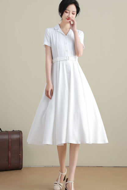 White Linen Cotton Swing Midi Dress - Notched Collar, Belted Waist 3271