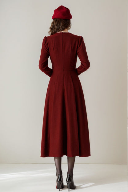 Burgundy Wool Midi Dress - Pleated Skirt & Tailored Fit 5229