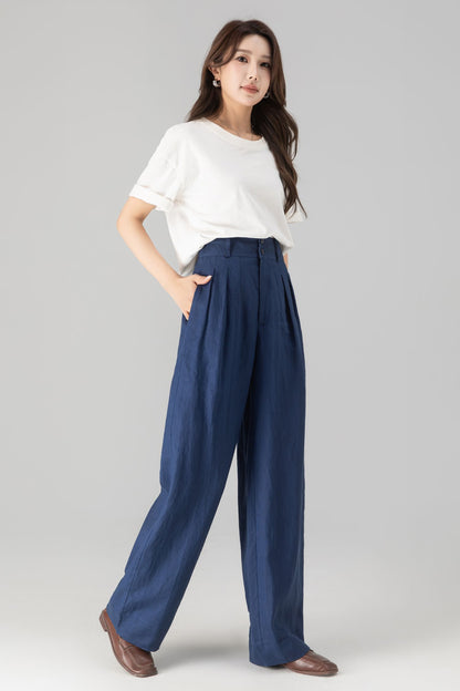 Blue Linen Cotton Wide Leg Pants - Palazzo High Rise | Xiaolizi 5758