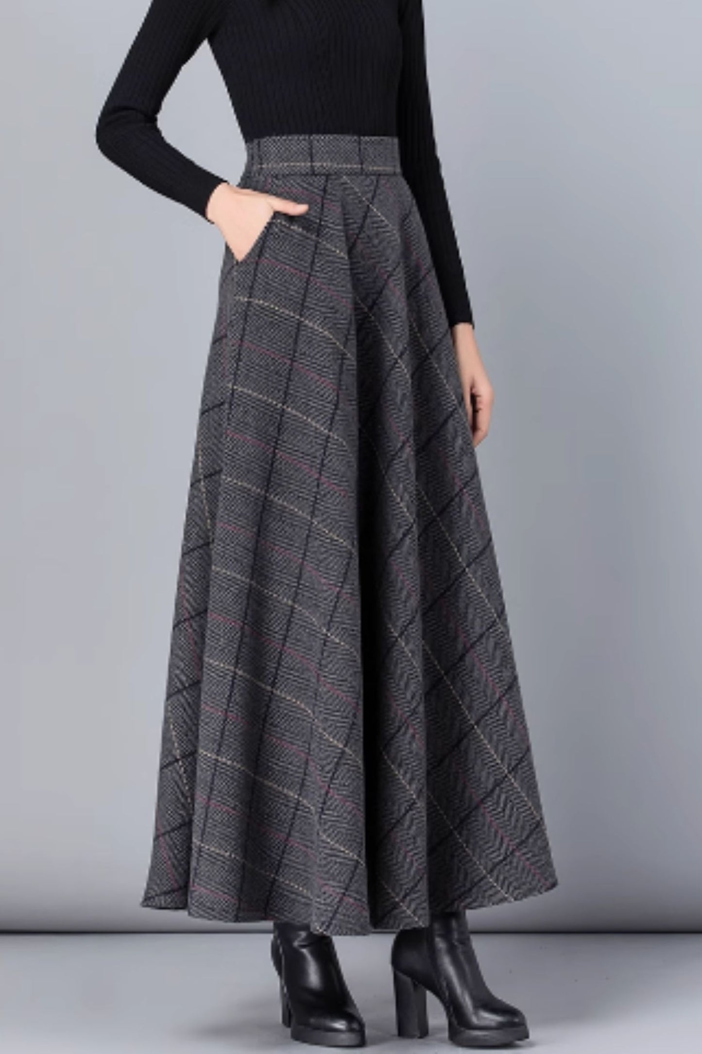 Vintage Inspired Tartan Plaid Midi Wool Skirt Woman 3138