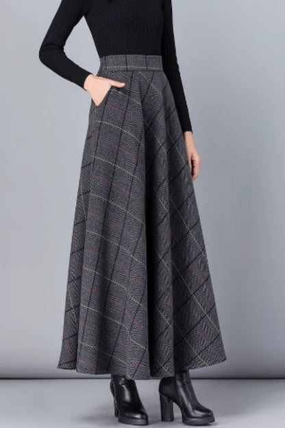 Gray Wool Midi Skirt - Vintage Plaid Full Silhouette 3138