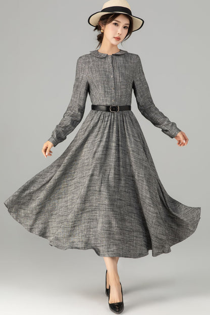 Gray Linen & Cotton A-Line Midi Dress - Button-Up with Waist Belt 5710