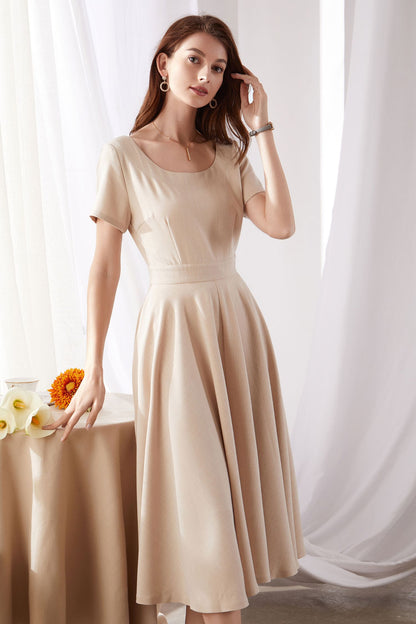 Beige Linen Dress - Fit and Flare Midi with Scoop Neckline 3374