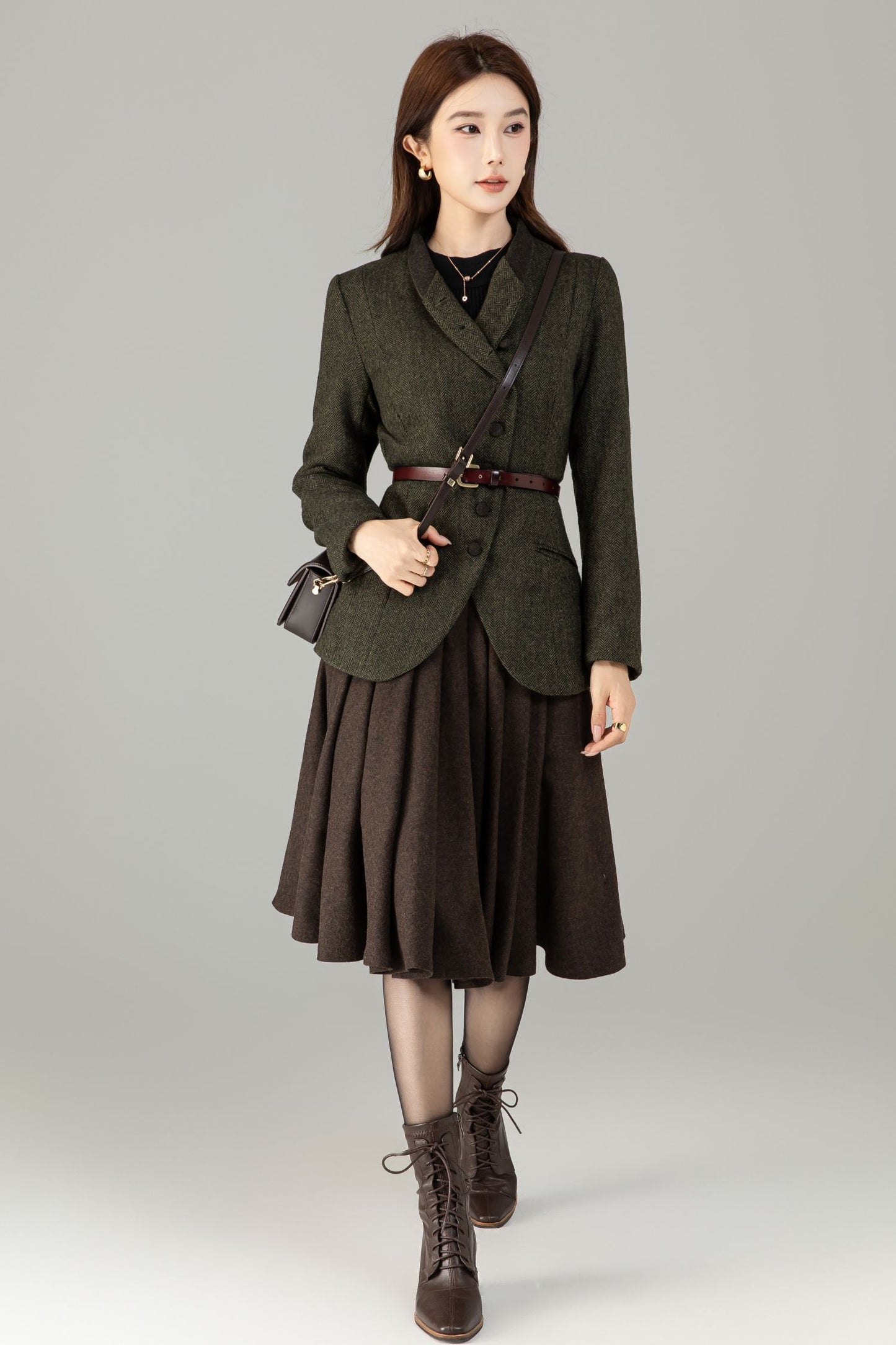 Handmade Wool Blend Herringbone Jacket – Vintage Short Coat | Xiaolizi 6496