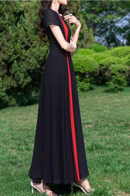 Block color maxi summer prom chiffon dress 5155
