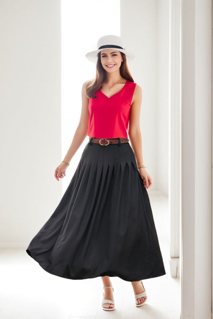 Women Black Pleated Linen Maxi Skirt with Pockets  2777