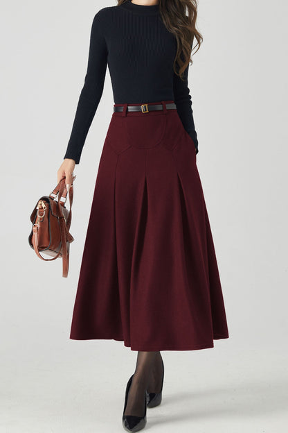 Burgundy Wool Midi Skirt – Vintage High Waist A-Line Winter Skirt with Pockets 6332