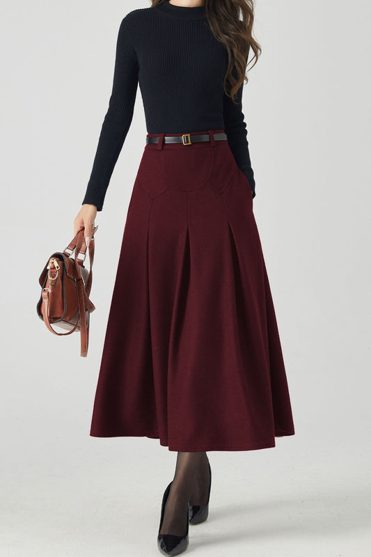Burgundy Wool Midi Skirt – Vintage High Waist A-Line Winter Skirt with Pockets 6332