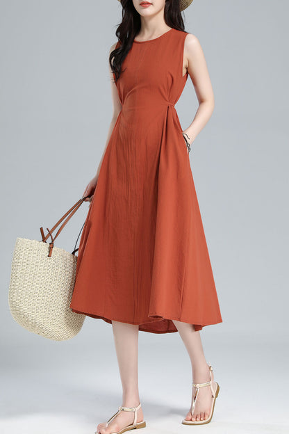 Orange Linen Blend Sleeveless Midi Dress - A-Line Silhouette with Belt 3617
