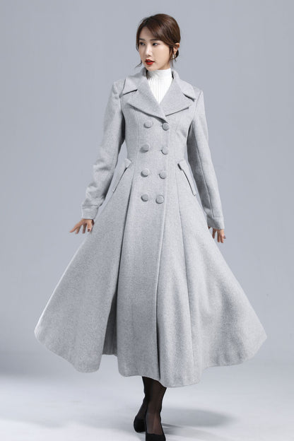 Light Gray Wool Coat – Elegant Double-Breasted Fit and Flare Winter Overcoat 3236