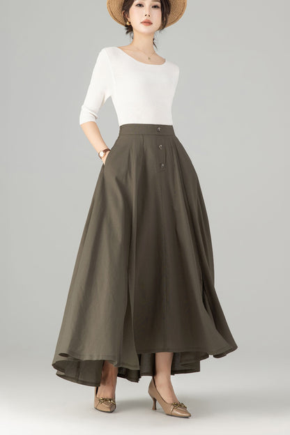 Olive Green Linen Cotton Maxi Skirt - Button-Up A-Line | Xiaolizi 5702