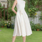White Linen Fit and Flare Dress – Vintage Sleeveless Midi with Belt 6625