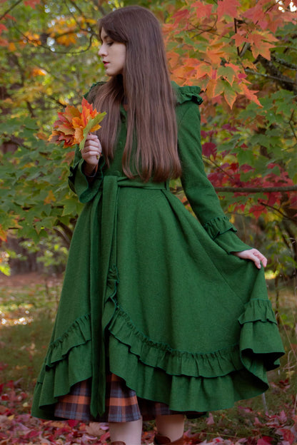 Green Wool Hooded Swing Coat - Ruffled Trim High-Low Hem | Xiaolizi 4046