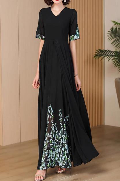 Black Chiffon Maxi Dress - Patchwork Detail with V-Neck 5012