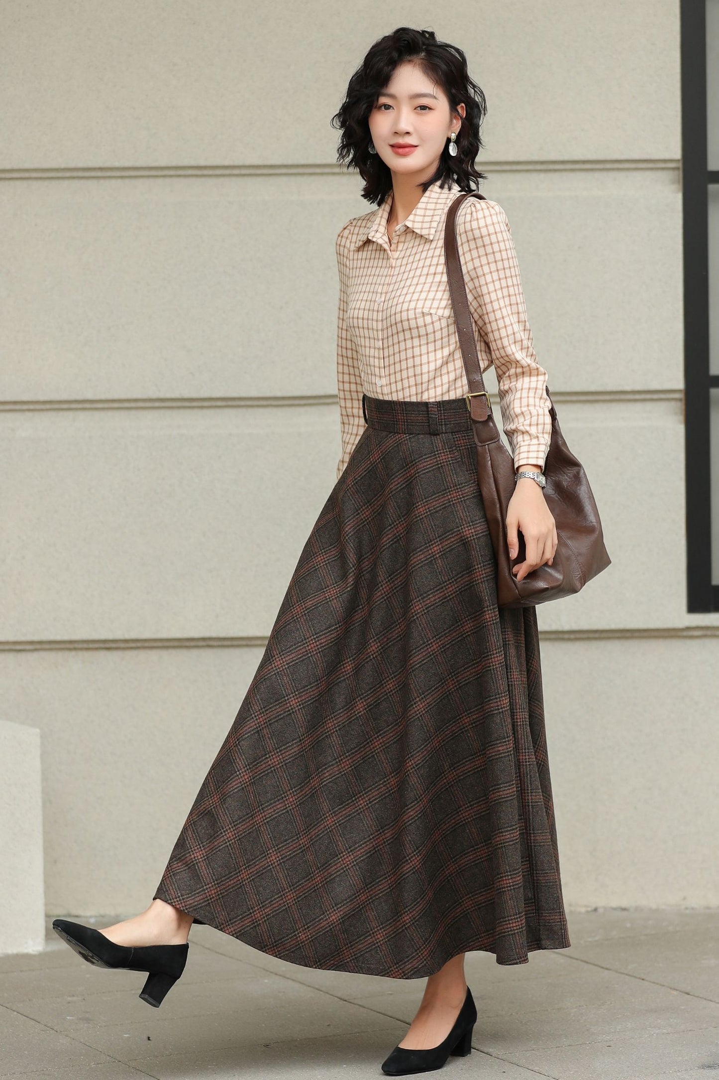 Handmade Dark Brown Plaid Wool Maxi Skirt – High Waist A-line Winter Elegance 6424