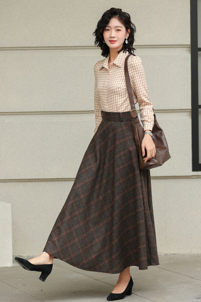 Handmade Dark Brown Plaid Wool Maxi Skirt – High Waist A-line Winter Elegance 6424
