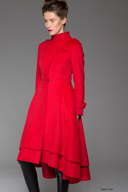 Red Wool Coat Maxi - Asymmetrical Layered Hem & Self-Tie Waist 1422