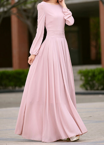Pink Chiffon Maxi Dress - Long Sleeve Swing Silhouette 2623