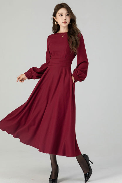 Green Wool Midi Dress - Lantern Sleeve, Swing Silhouette 4550