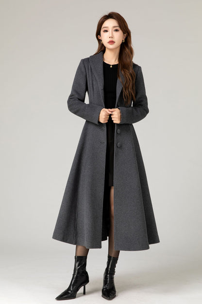 Handmade Charcoal Grey Wool Coat – Vintage Tailored A-line Long Winter Overcoat | Xiaolizi  5479