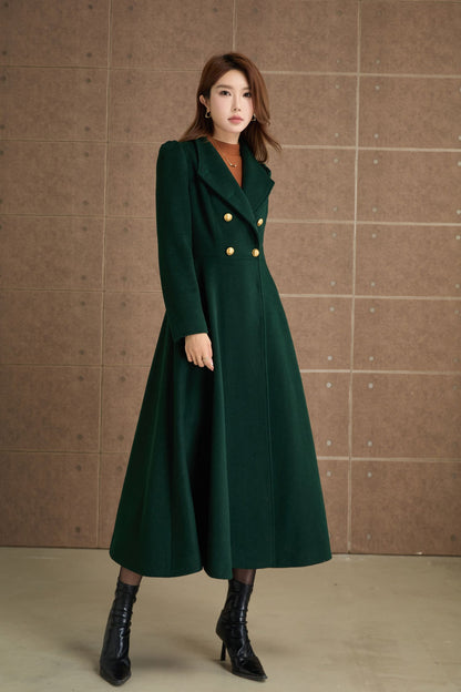 Green Wool Midi Coat - Fit and Flare Double Breasted Winter Outerwear 5368