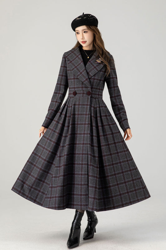 Vintage inspired plaid long wool coat 4607