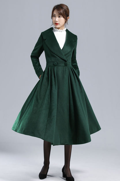 Vintage Princess Wool Coat – Handmade Dark Green Pleated Long Overcoat | Xiaolizi 3242