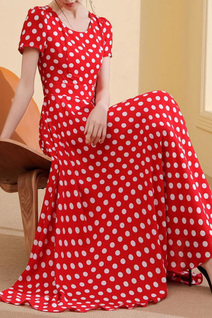 Red and white polka dot long chiffon dress 5019