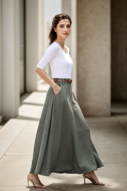 Green A Line Maxi  Linen Skirt with Pockets  2784