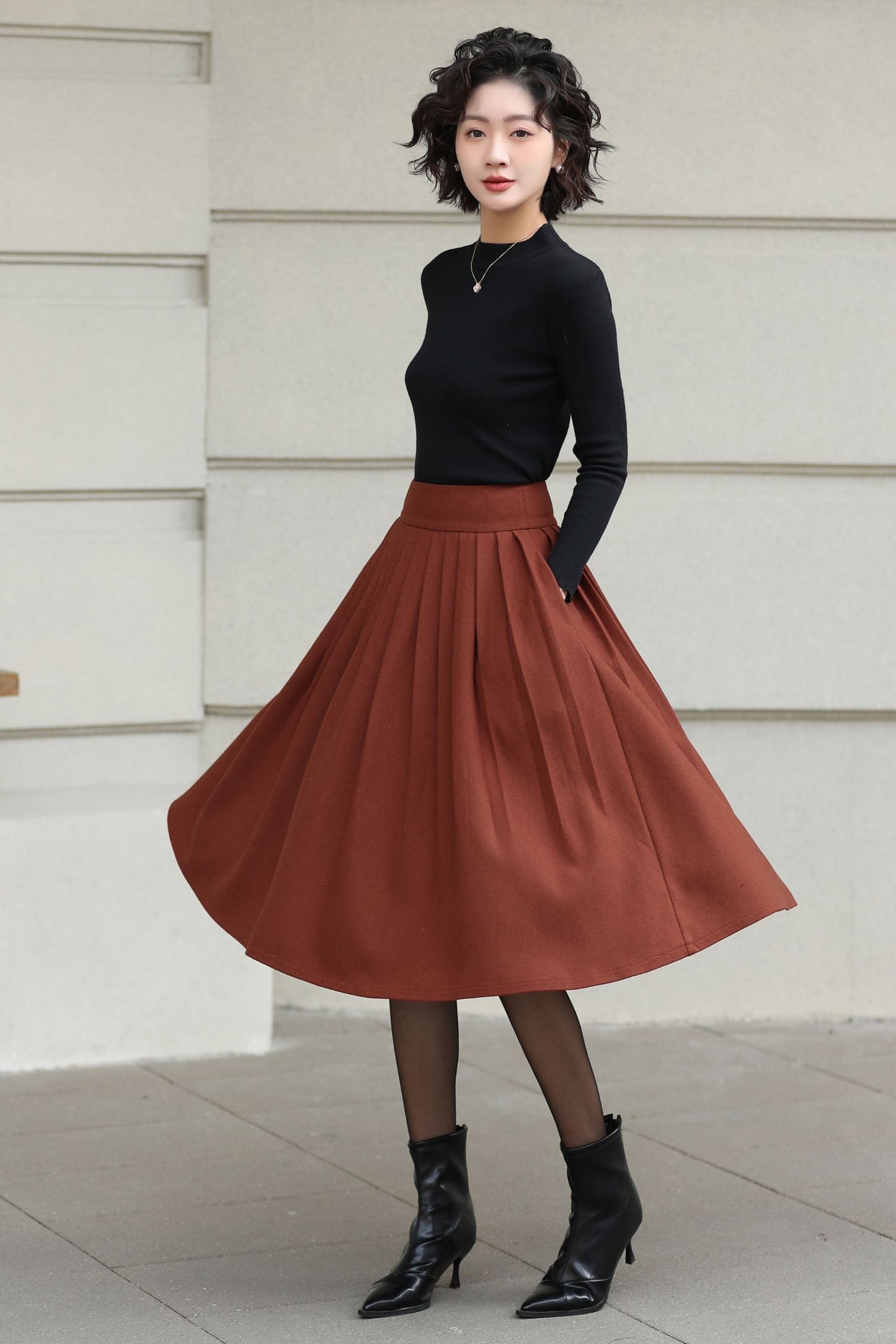 Xiaolizi Rust Brown Wool Midi Skirt for Women – Handmade High-Waist A-Line Winter Skirt 6608