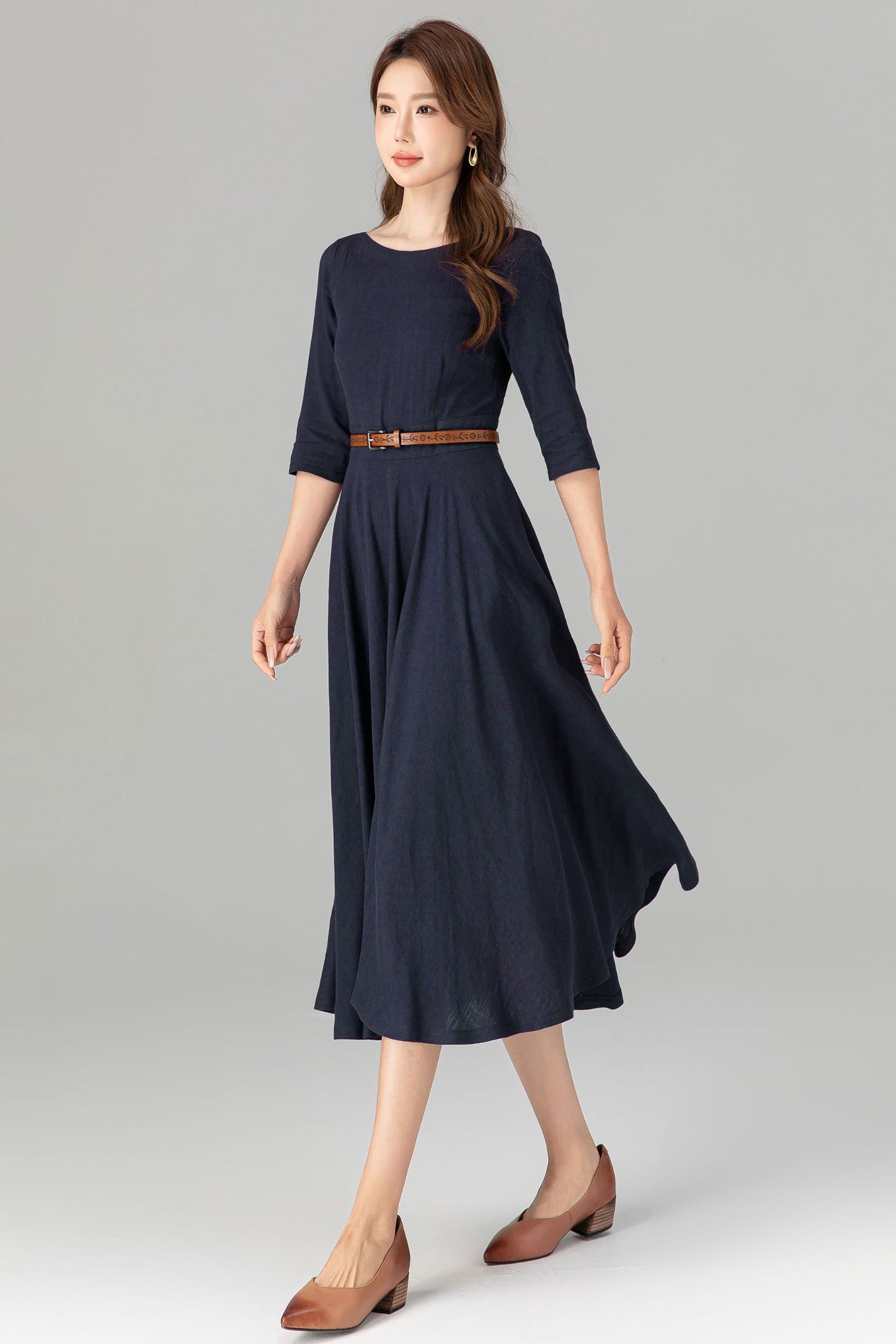 Fit and flare navy swing linen dress women 4906