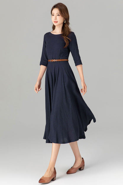 Navy Blue Linen Midi Dress – Vintage Boat Neck Fit & Flare Dress with Pockets | Xiaolizi 4906