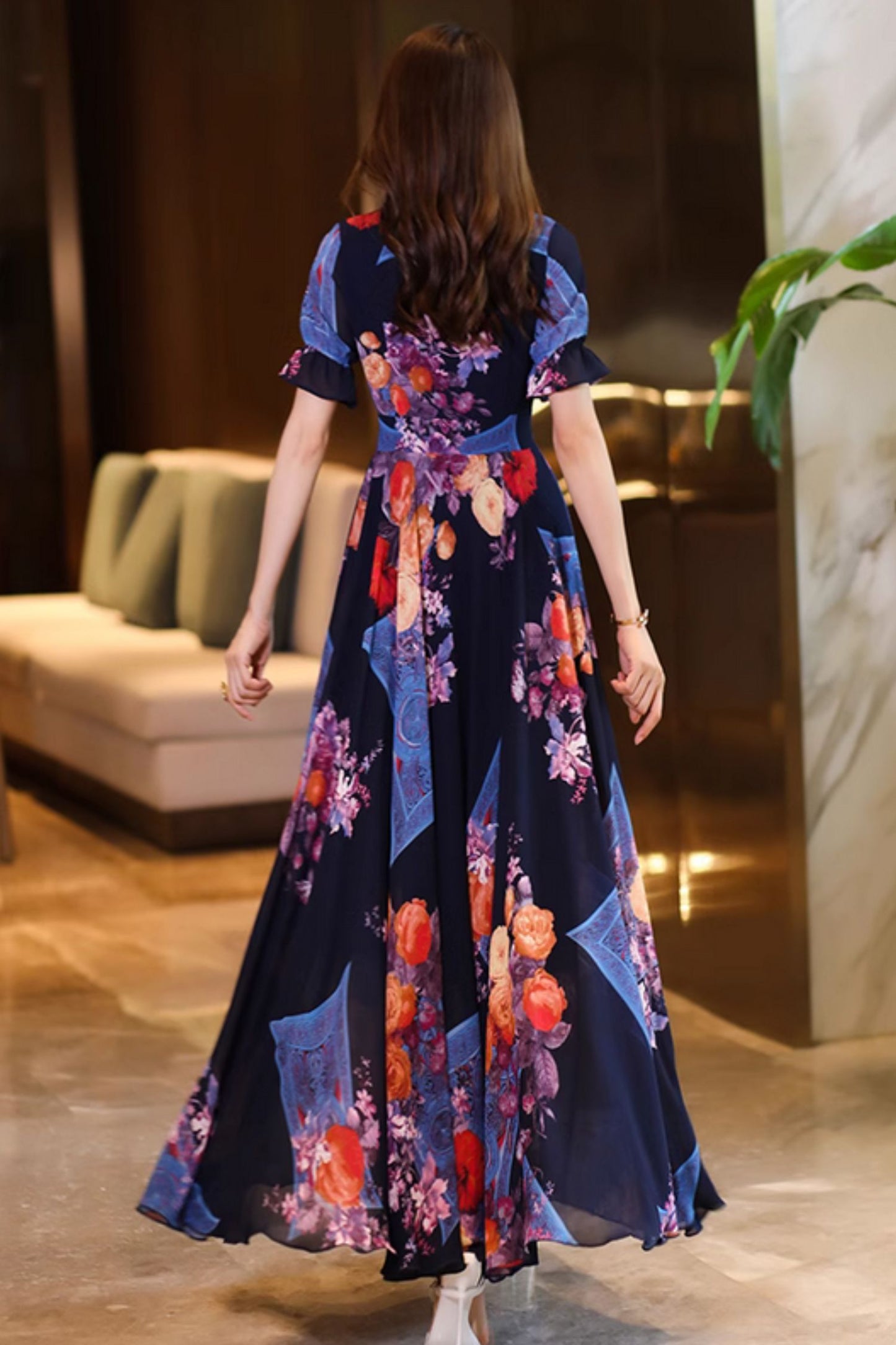 Floral printed prom maxi chiffon dresses 4996