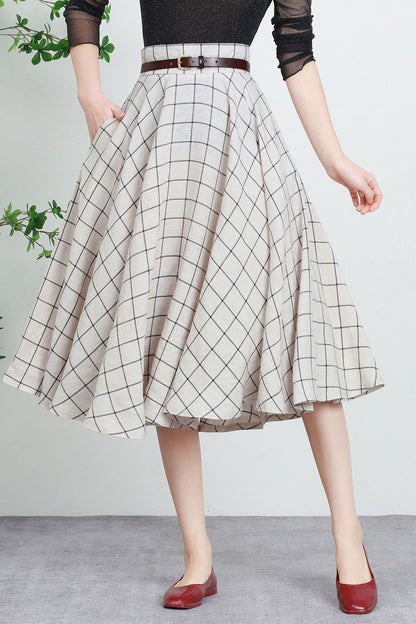 Plaid Linen Midi Skirt - High Waist Circle Swing Tartan | Xiaolizi 5738