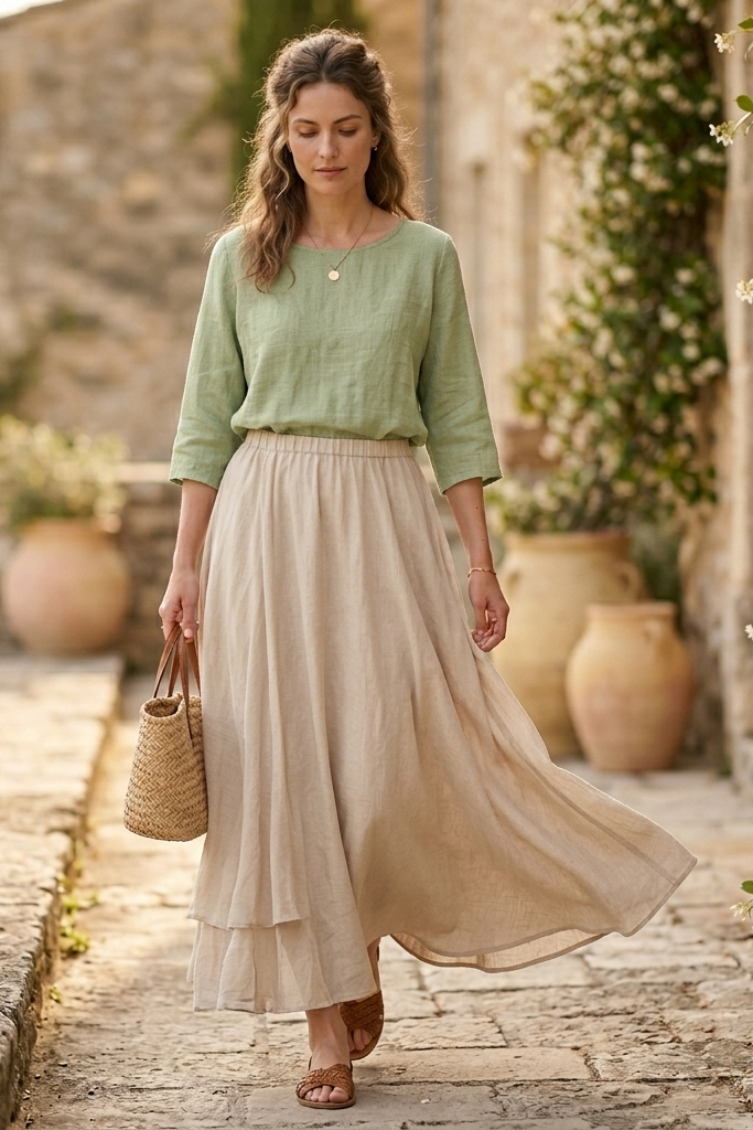Woman in a green top and beige skirt walking outdoors with stone walls and plants in the background