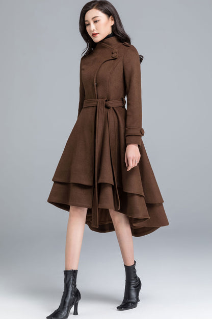 Brown Wool Coat - Asymmetrical Tiered Hem with Self Tie Belt c2491