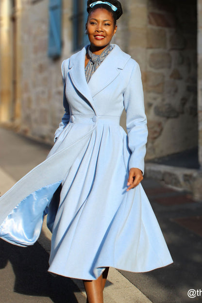 Vintage-Inspired Blue Wool Coat – Handmade 1950s Princess Midi Coat | Xiaolizi 2407