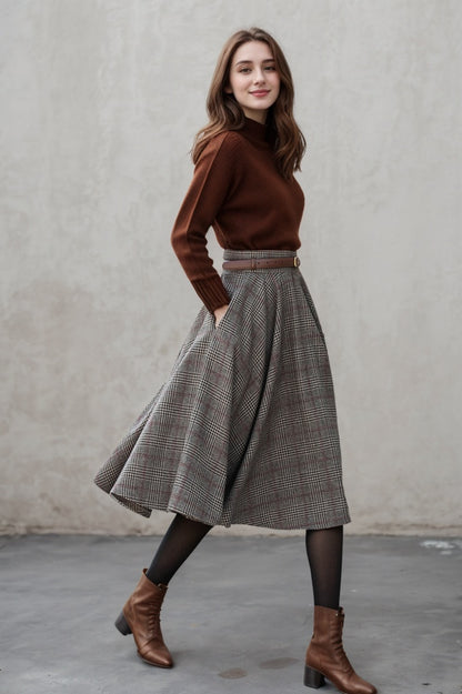Plaid Wool Midi Skirt – Vintage High Waist Pleated Circle Skirt 5306