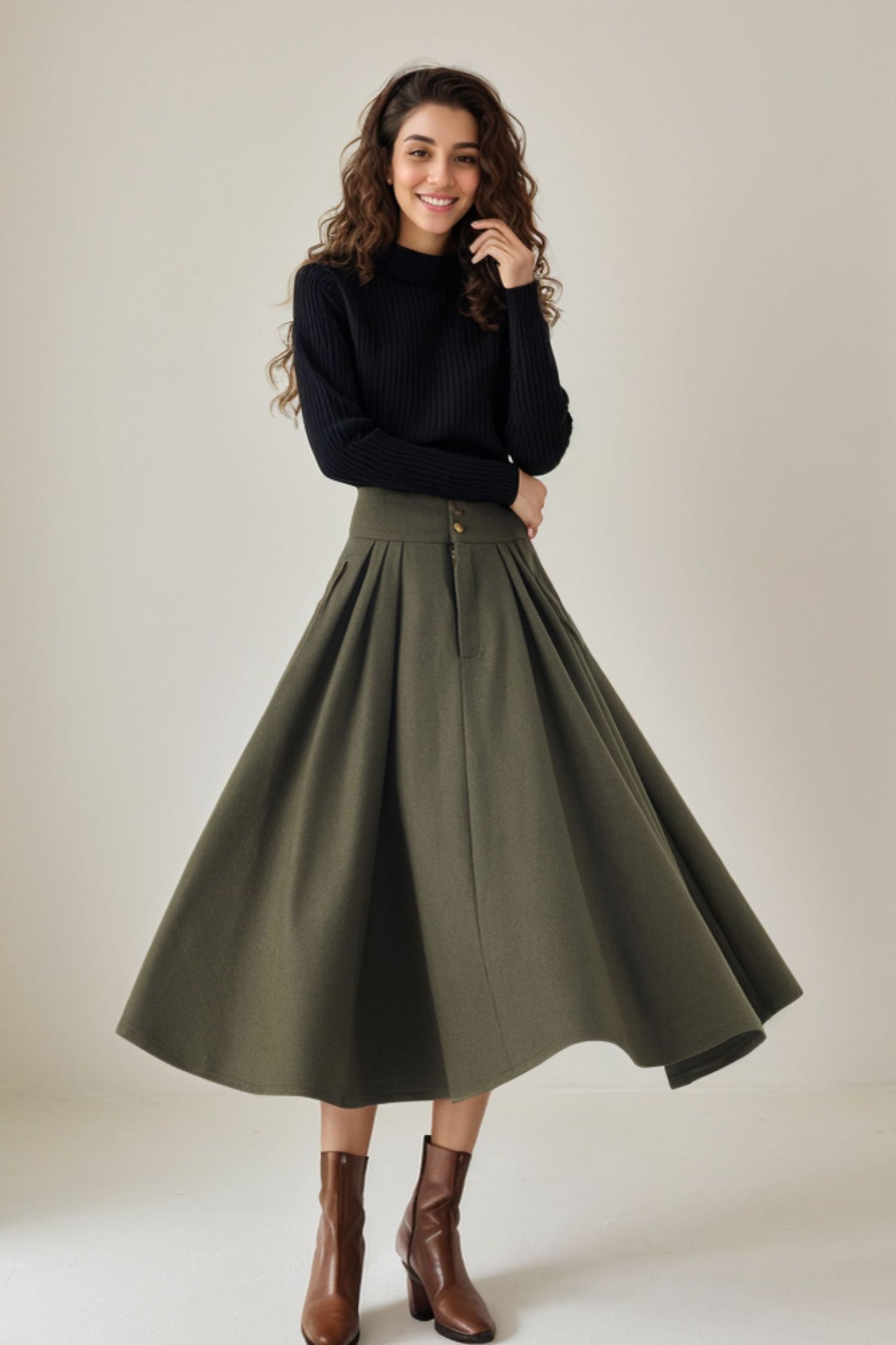 Army green swing winter wool skirt 5249