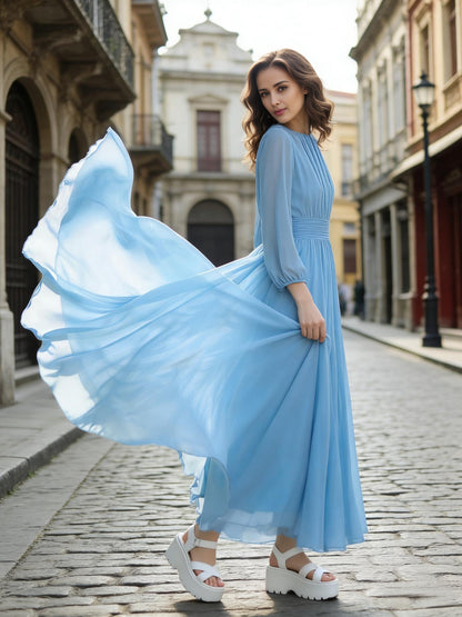 Blue Chiffon Midi Dress – Elegant Long Sleeve Style | Xiaolizi 6769