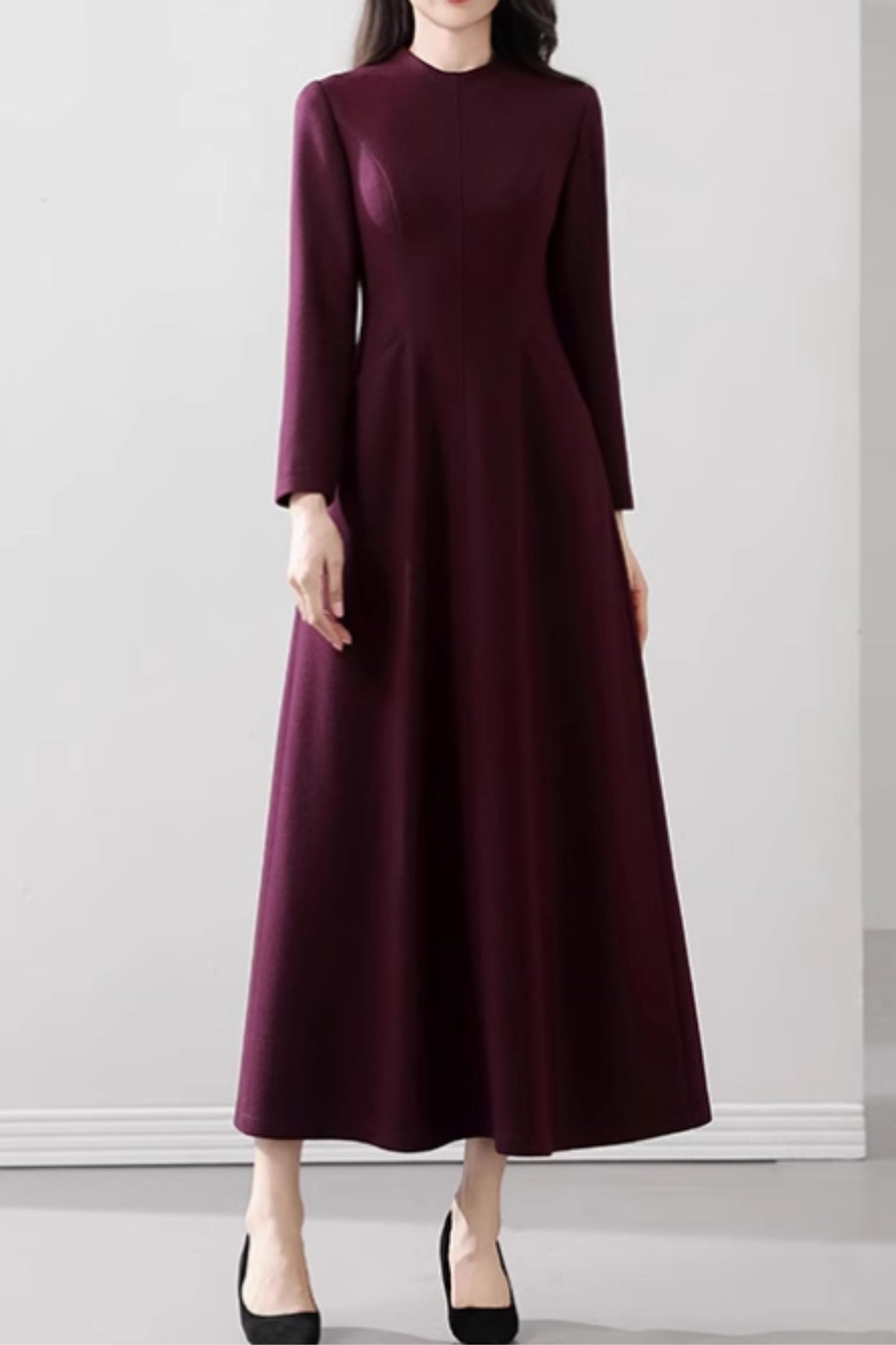 Dark purple maxi long wool dress women 5537