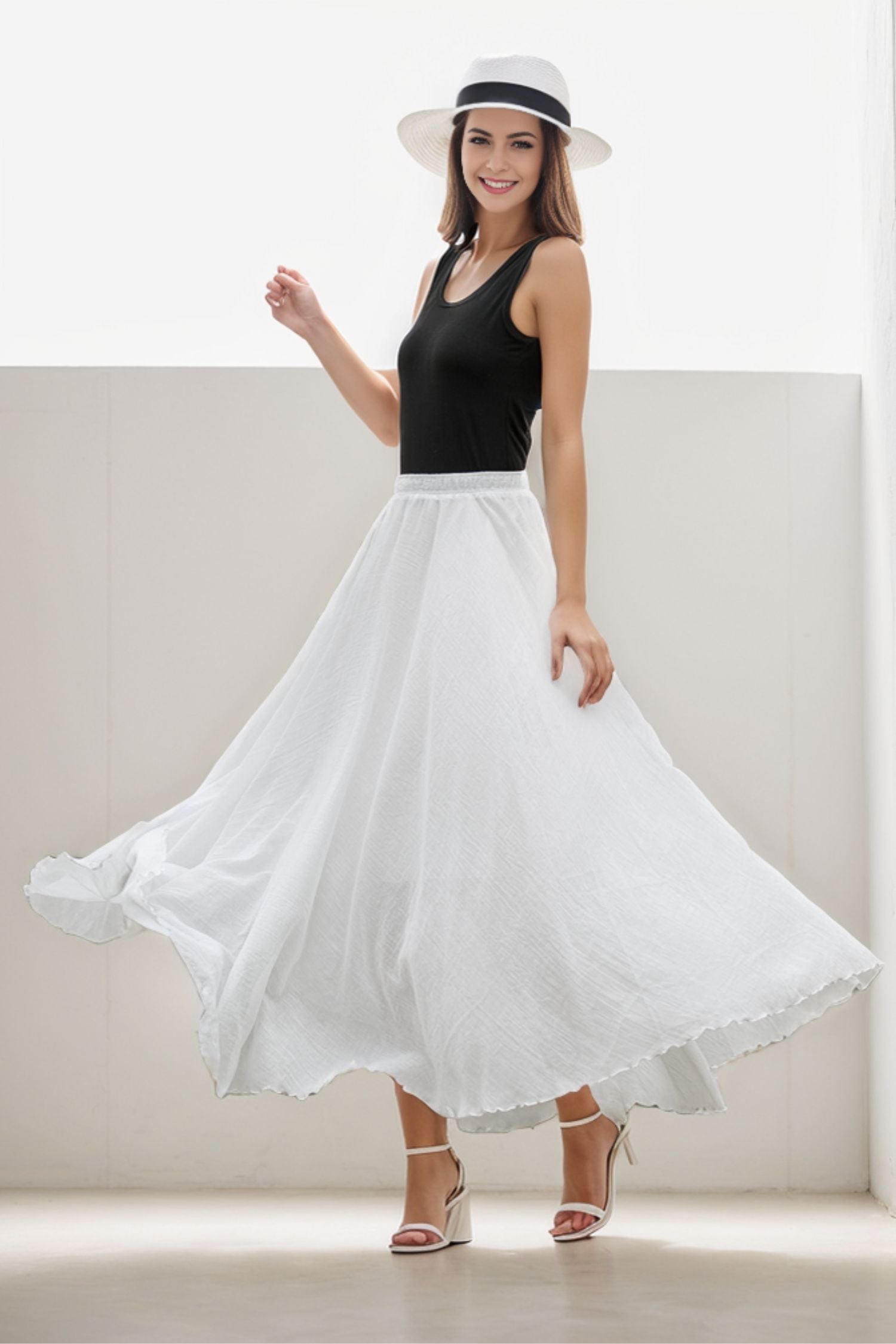White Linen Maxi Skirt - Pleated Circle Skirt for Women