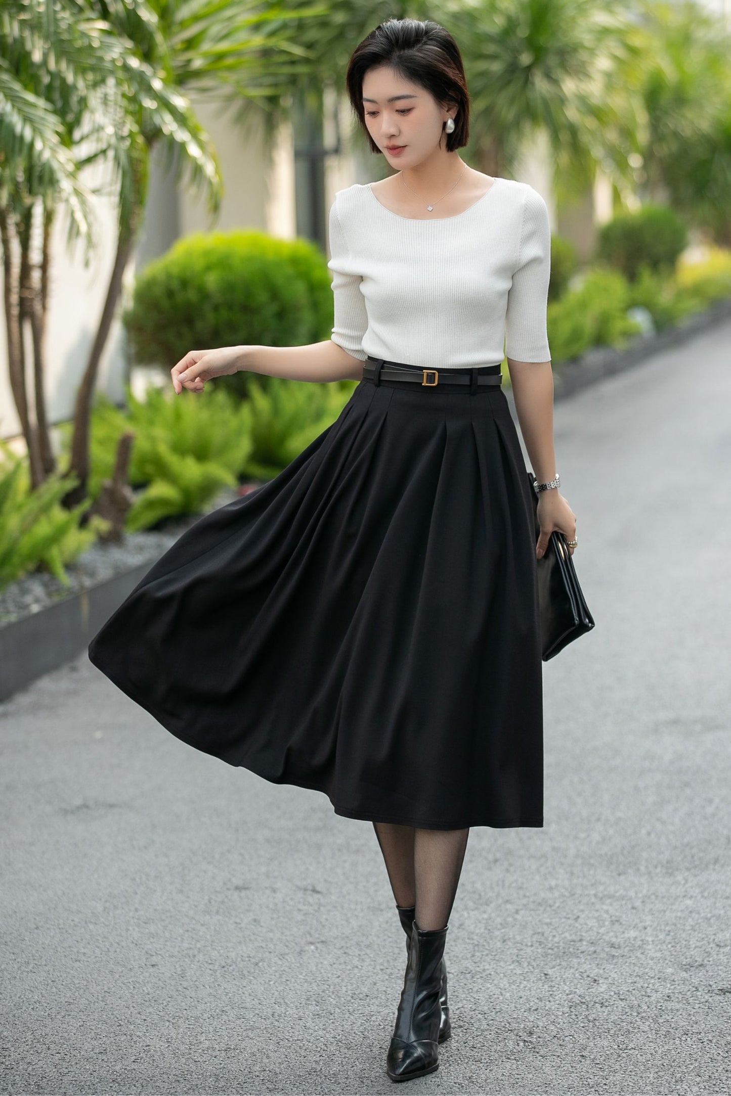 Handmade Black Pleated Midi Skirt – High Waist A-Line Office Skirt 6665 -size S #CK2600005