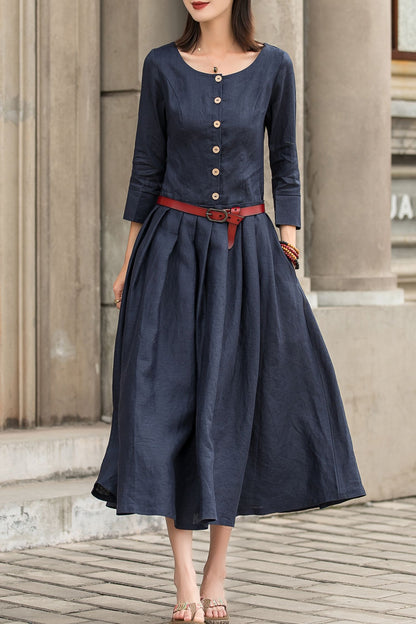 Navy Linen Maxi Dress - Drop Waist 3/4 Sleeves Pockets | Xiaolizi 2742