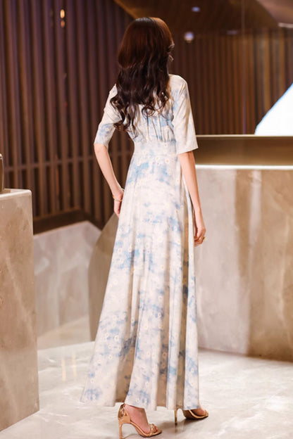 Beige Polyester Maxi Dress - Vintage Inspired Tie Belt 5050