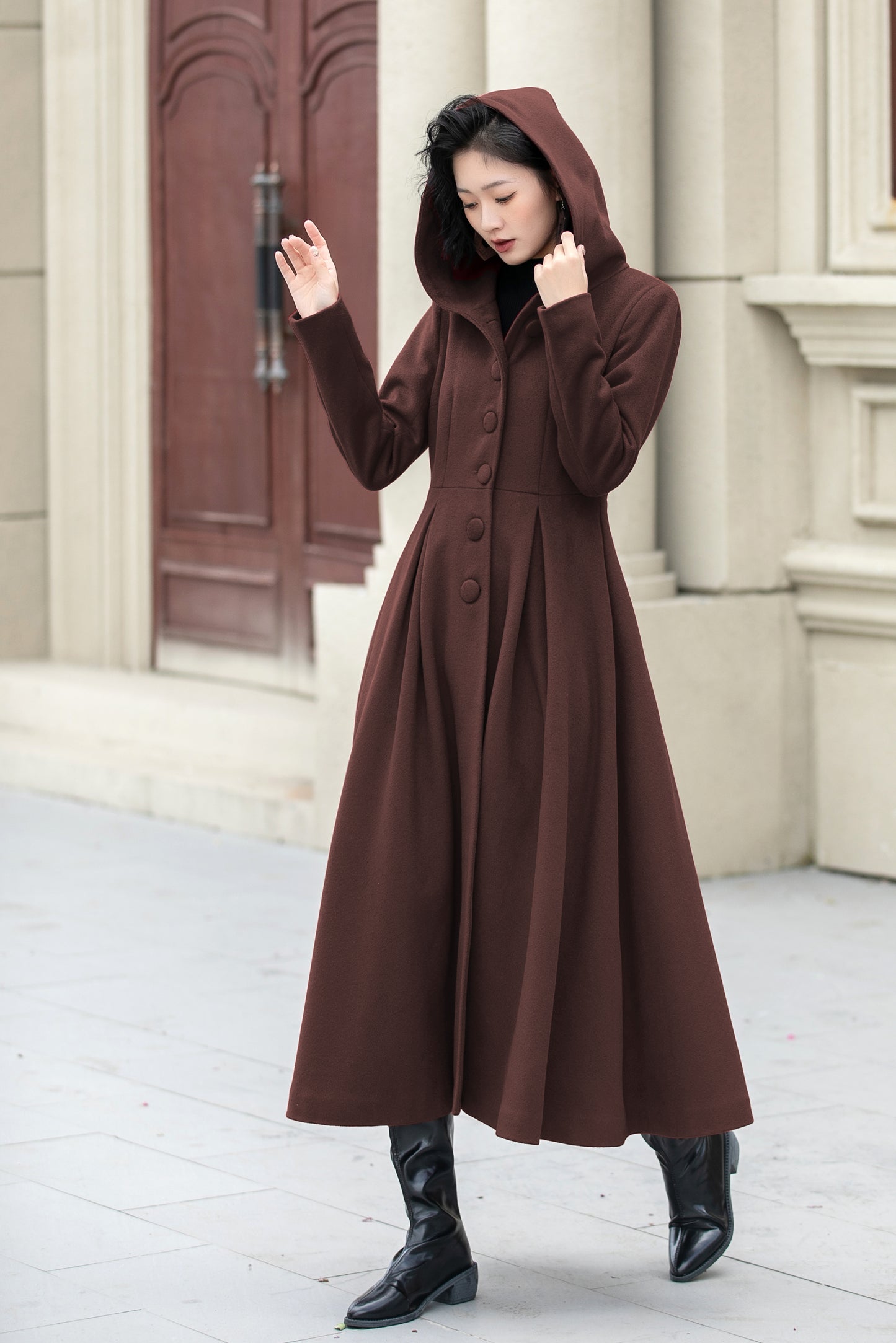 Brown Wool Swing Coat with Hood - Elegant Midi Length 6307