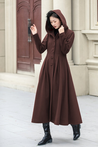 Brown Wool Swing Coat with Hood - Elegant Midi Length 6307