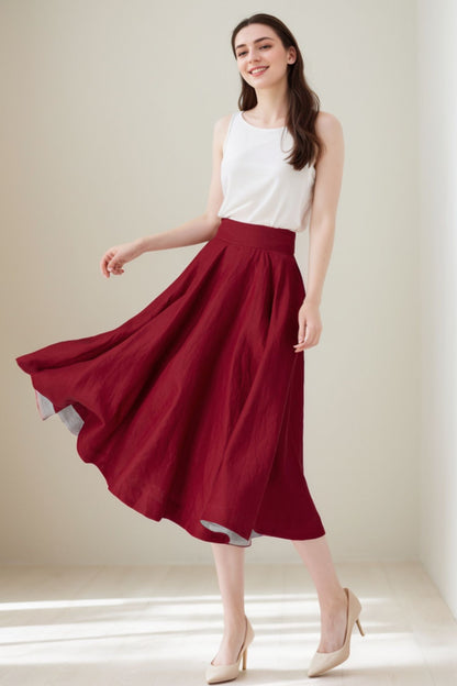 Deep Red Linen Skirt – Flared High Waist Midi Skirt for Spring Summer 5070