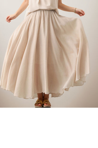 Beige Linen Cotton Maxi Skirt - Circle Swing Pleated | Xiaolizi 5134