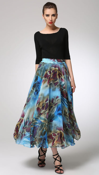 Abstract Print Chiffon Maxi Skirt for Women with Elastic Waist | Xiaolizi 1294